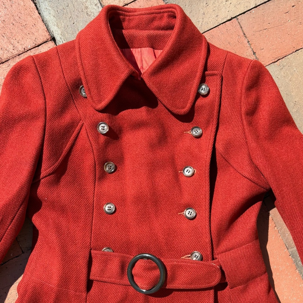 Vintage Scarlet Red Wool Vintage Coat Double-Breasted Ring Belt Academia Mod - Picture 3 of 15